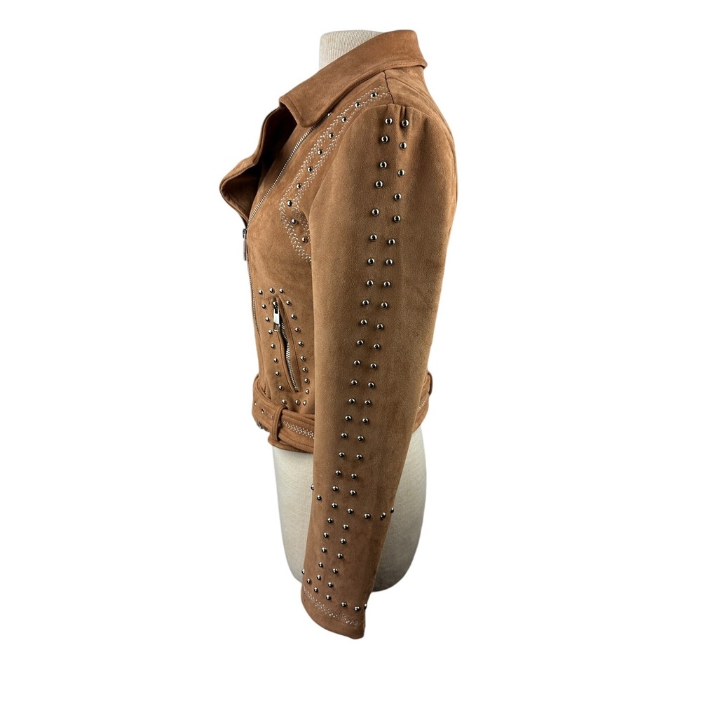 BKE Faux Suede Studded Stretch Asymmetrical Zip Moto Jacket Chestnut Brown Small - Picture 7 of 14